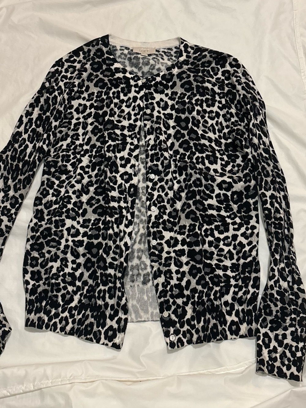 LOFT Black & White Leopard Print Button-Front Cardigan
